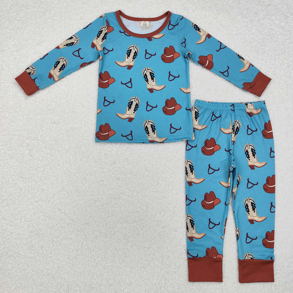 Bamboo Boots Hat Blue Brown Boys Long Sleeve Pajamas