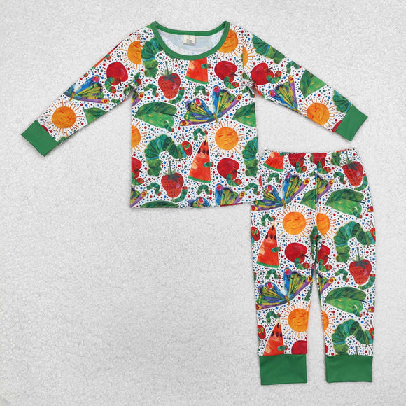 Bamboo Caterpillar Green White Boys Long Sleeve Pajamas