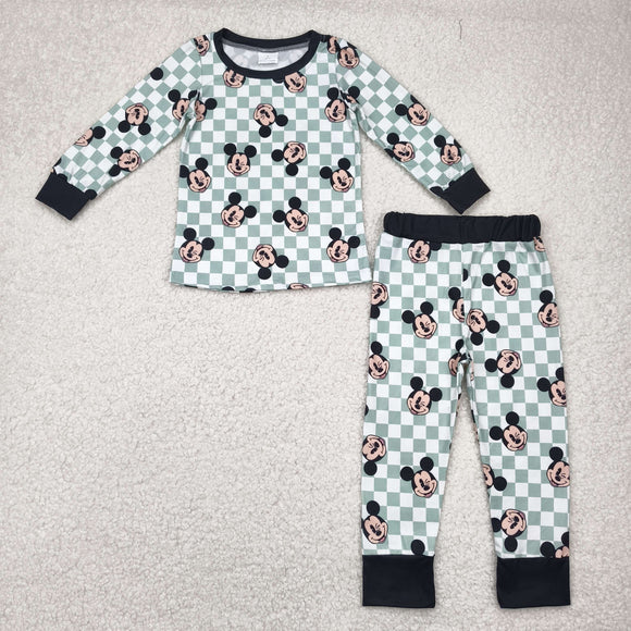 Cartoon Green White Plaid Boys Long Sleeve Pajamas