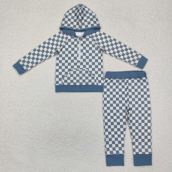 Blue Plaid Boys Fall Hoodie Sets