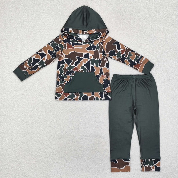 Camo Green Pocket Beige Boys Fall Hoodie Sets