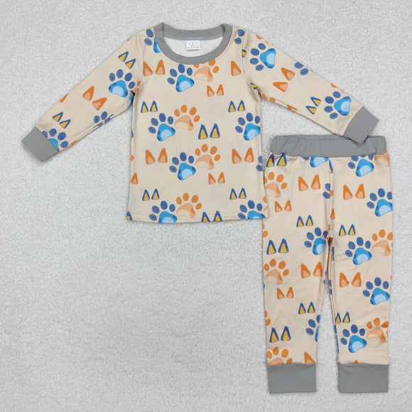 Cartoon Dogs Paw Print Gray Boys Long Sleeve Pajamas