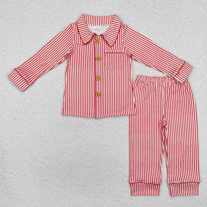 Red Stripe Pocket Collar Buttons Boys Christmas Pajamas