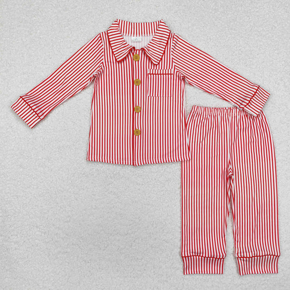 Red Stripe Pocket Collar Buttons Boys Christmas Pajamas