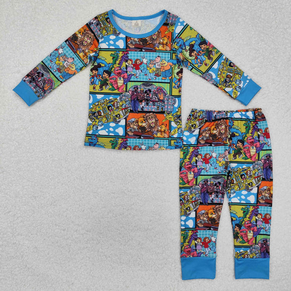 Bamboo Cartoon Plaid Blue Boys Long Sleeve Pajamas