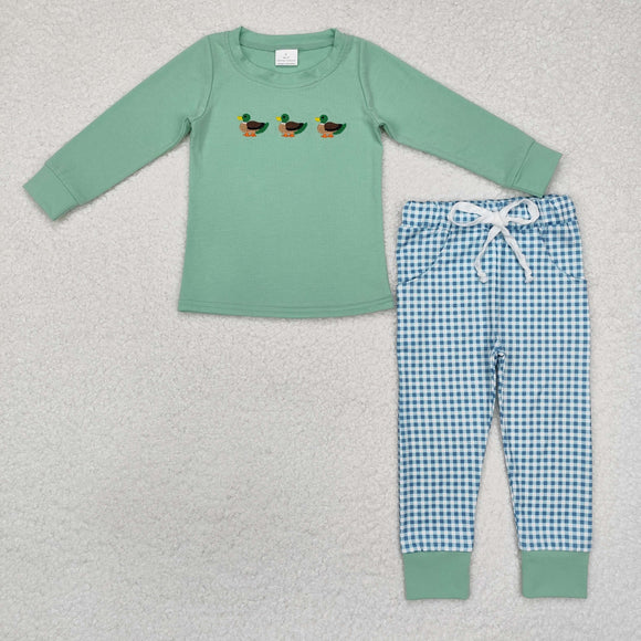 Duck Plaid Green Boys Long Sleeve+Trousers Sets