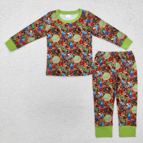 Game Brown Green Boys Long Sleeve Pajamas