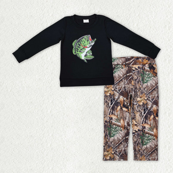 Fish Leaves Branches Black Boys Long Sleeve+Trousers Sets