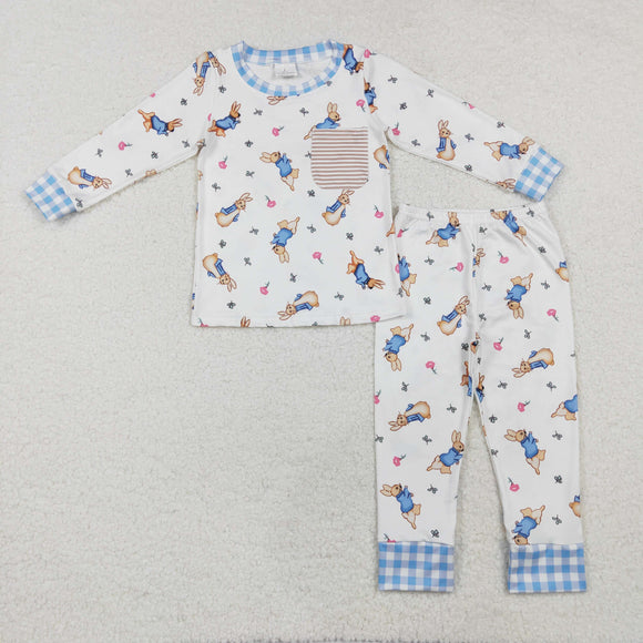 Bunny Pocket Blue Plaid White Boys Easter Pajamas