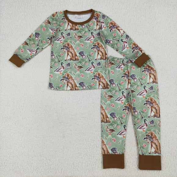 Dog Duck Green Brown Boys Long Sleeve Pajamas