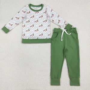 Duck Plaid Green White Boys Long Sleeve+Trousers Sets