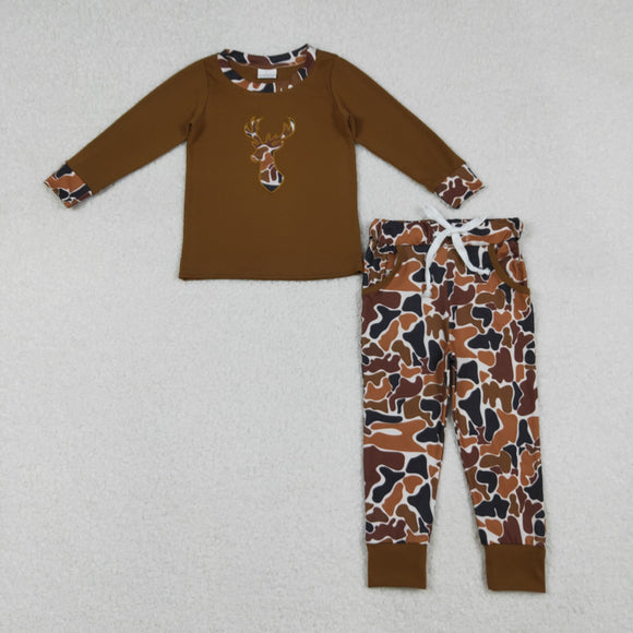 Brown Camo Duck Embroidery Boys Long Sleeve+Trousers Sets