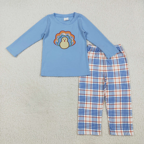 Plaid Turkey Blue Boys Thanksgiving Outfits