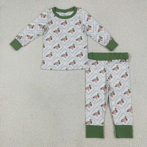 Duck Plaid Green White Boys Long Sleeve Pajamas
