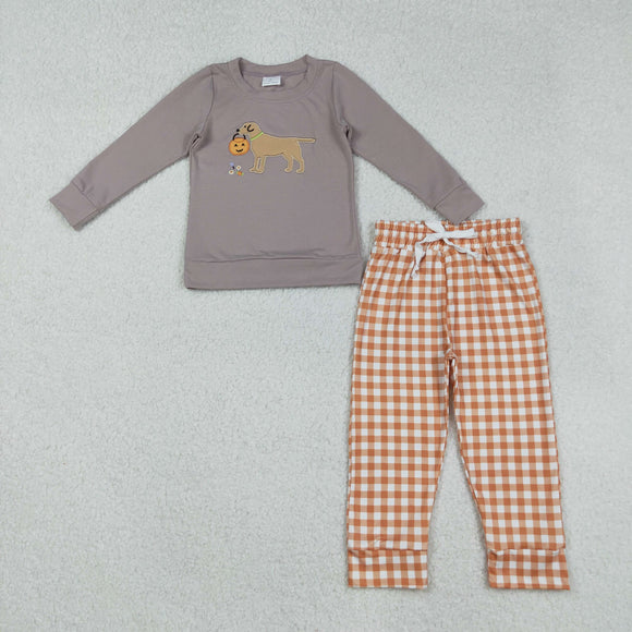 Pumpkin Dog Orange Plaid Boys Halloween Outfits