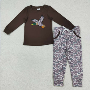 Camo Duck Embroidery Brown Boys Long Sleeve+Trousers Sets