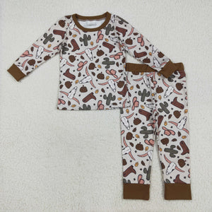 Pumpkin Highland Cow Cactus Boots Boys Long Sleeve Pajamas