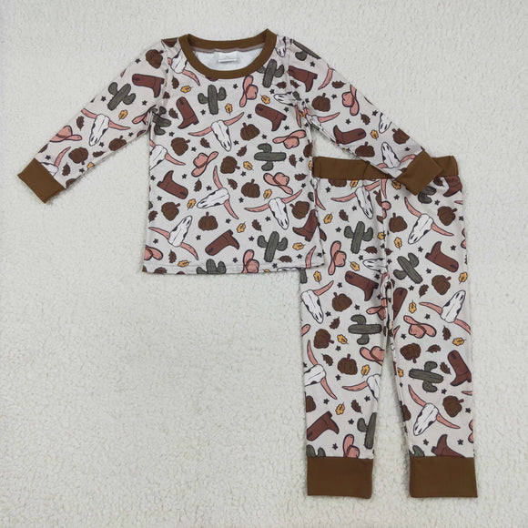 Pumpkin Highland Cow Cactus Boots Boys Long Sleeve Pajamas