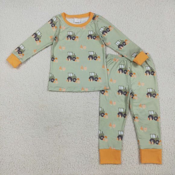 Pumpkin Tractor Orange Green Boys Long Sleeve Pajamas