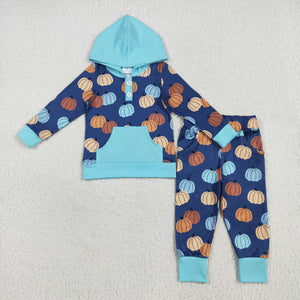 Pumpkin Blue Pocket Boys Fall Hoodie Sets