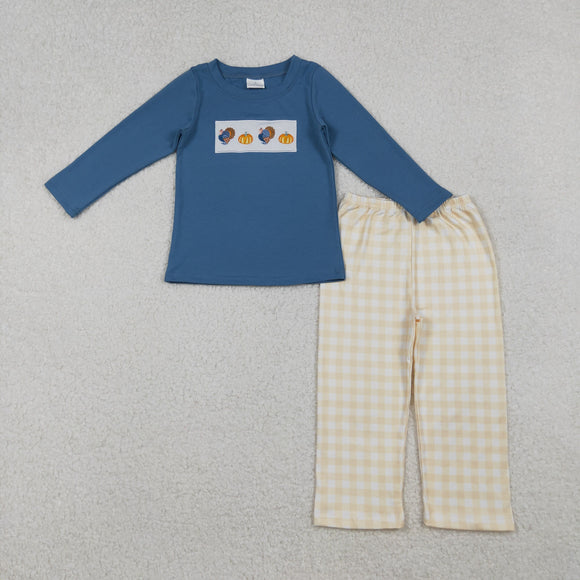 Turkey Pumpkin Yellow Plaid Blue Boys Thanksgiving Outfits