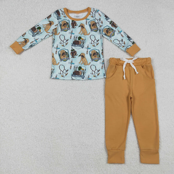 Cross Dog Blue Brown Boys Long Sleeve+Trousers Sets