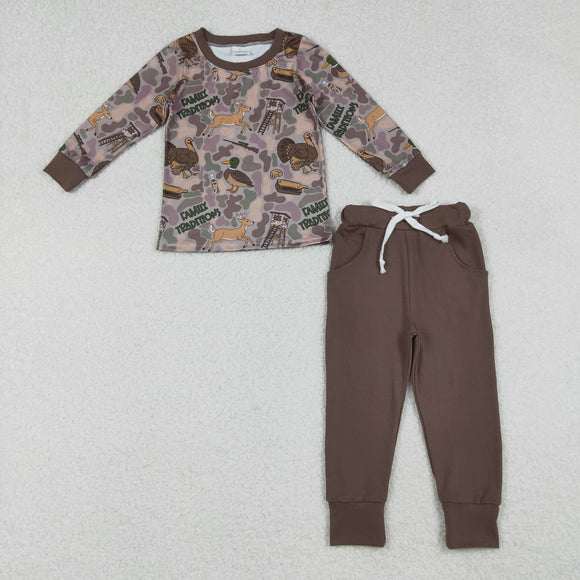Family Traditions Duck Deer Turkey Camo Brown Boys Long Sleeve+Trousers Sets