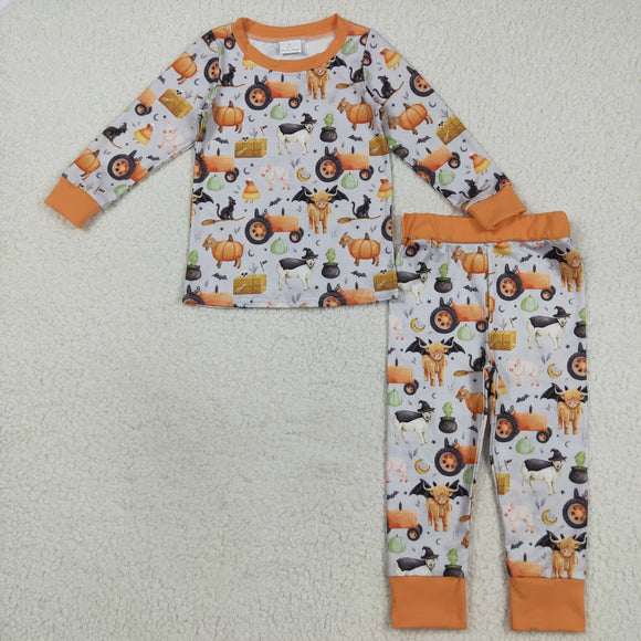 Farm Animals Pumpkin Tractor Orange Boys Halloween Pajamas