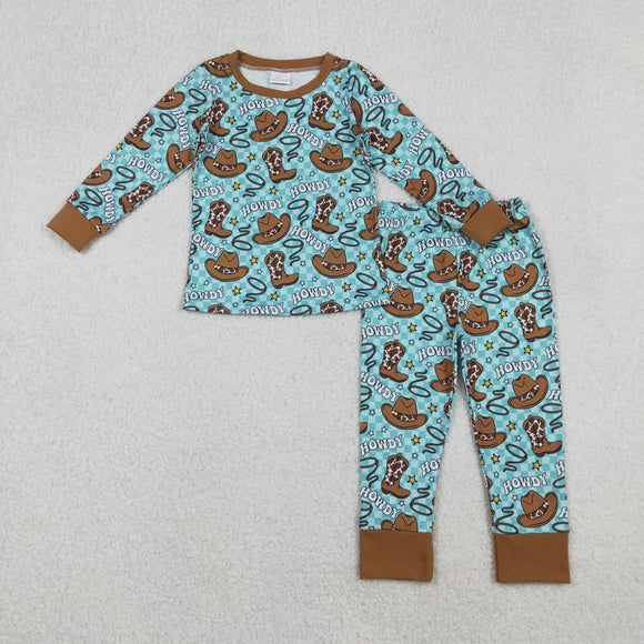 Howdy Boots Plaid Brown Blue Boys Long Sleeve Pajamas