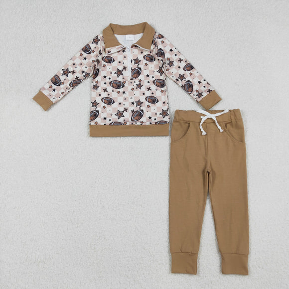 Stars Football Zipper Brown Boys Long Sleeve+Trousers Sets