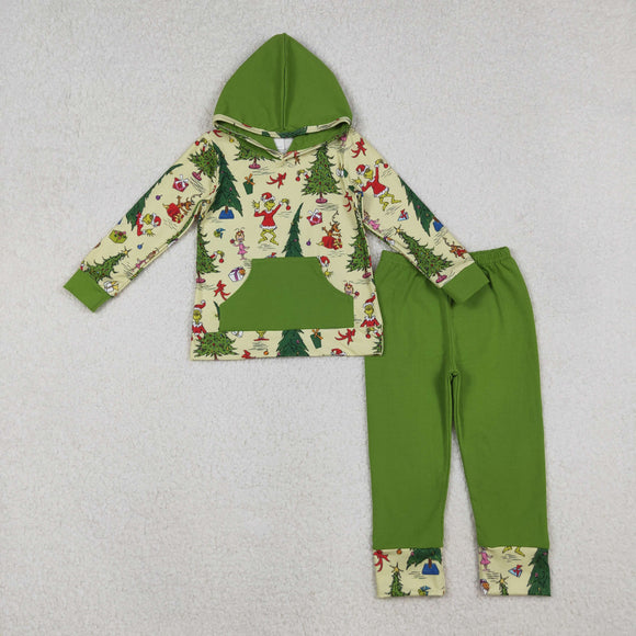 Cartoon Trees Green Pocket Hoodie Sets Girls Christmas Outfits