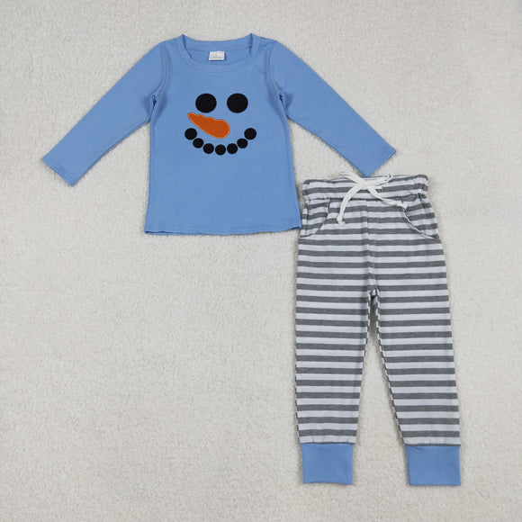 Snowman Gray Stripe Blue Boys Christmas Pajamas