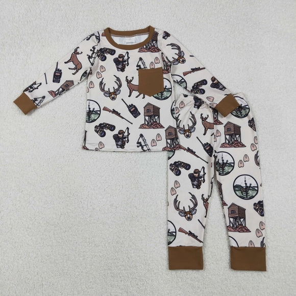 Deer Jungle Hunting Brown Boys Long Sleeve Pajamas