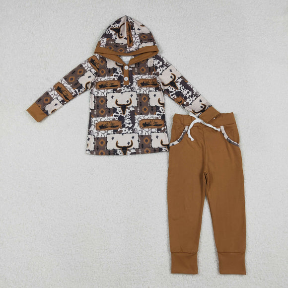 Highland Cow Plaid Brown Boys Fall Hoodie Sets
