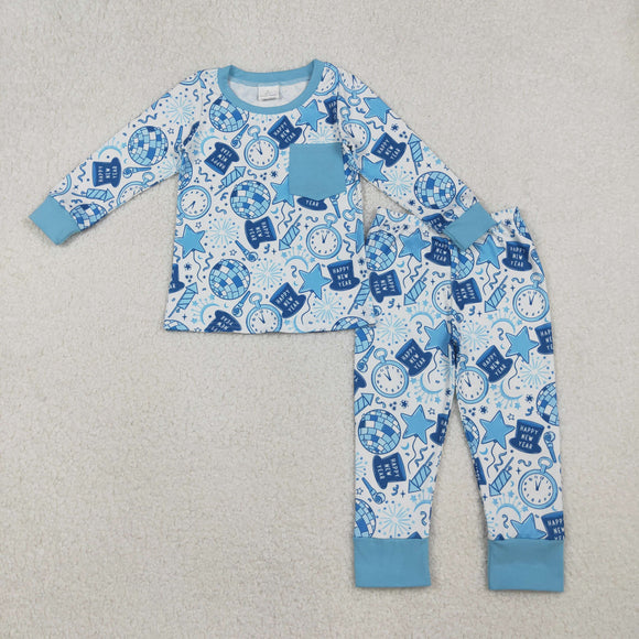Firework New Year Blue Boys Long Sleeve Pajamas