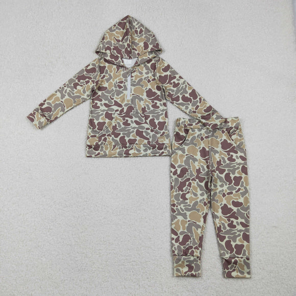 Light Brown Green Camo Boys Fall Hoodie Sets