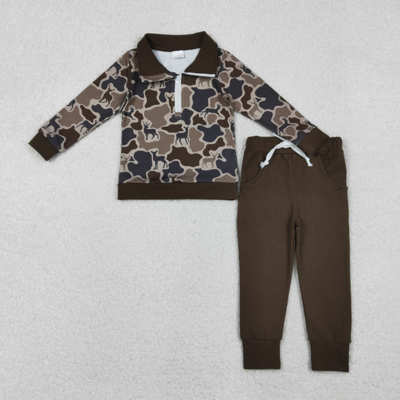 Deer Camo Zipper Brown Boys Long Sleeve+Trousers Sets