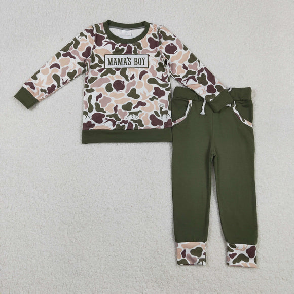 Mama's Boy Deer Dog Brown Green Camo Boys Long Sleeve+Trousers Sets