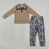 Branch Leaves Brown Gray Zipper Boys Long Sleeve+Trousers Sets