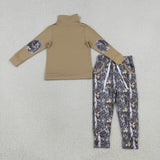 Branch Leaves Brown Gray Zipper Boys Long Sleeve+Trousers Sets