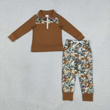 Branch Leaves Brown Zipper Boys Long Sleeve+Trousers Sets