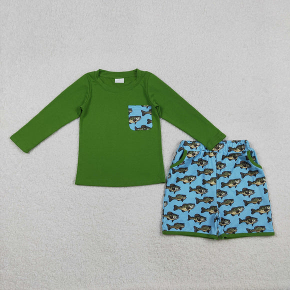 Fish Blue Pocket Green Long Sleeve Boys Shorts Sets