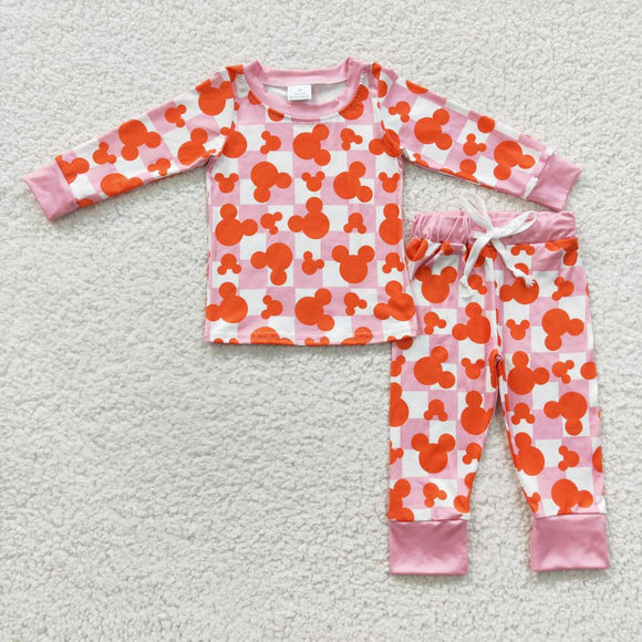 Cartoon Orange Pink Plaid Girls Long Sleeve Pajamas