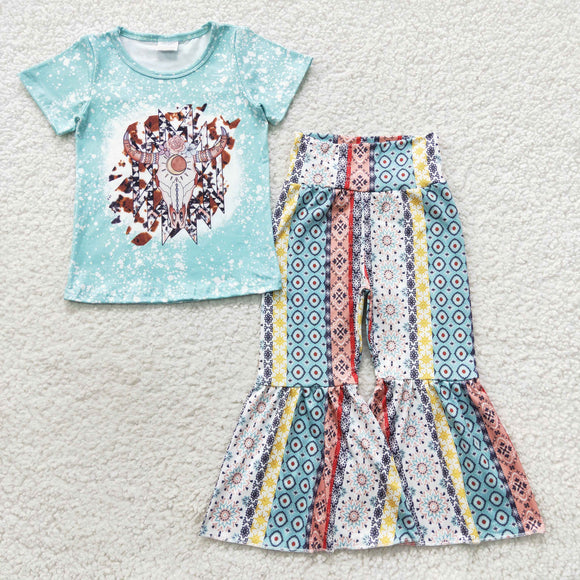 Highland Cow Aztec Floral Sky Blue Girls Short Sleeve+Trousers Sets