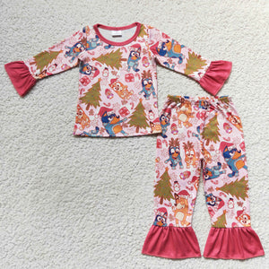 Cartoon Dogs Pink Ruffles Girls Christmas Pajamas