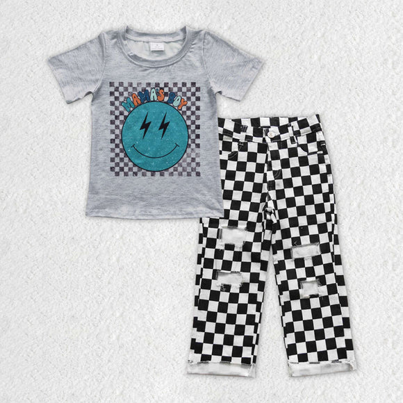 Mama's Boy Smile Black Plaid Jeans Boys Short Sleeve+Trousers Sets