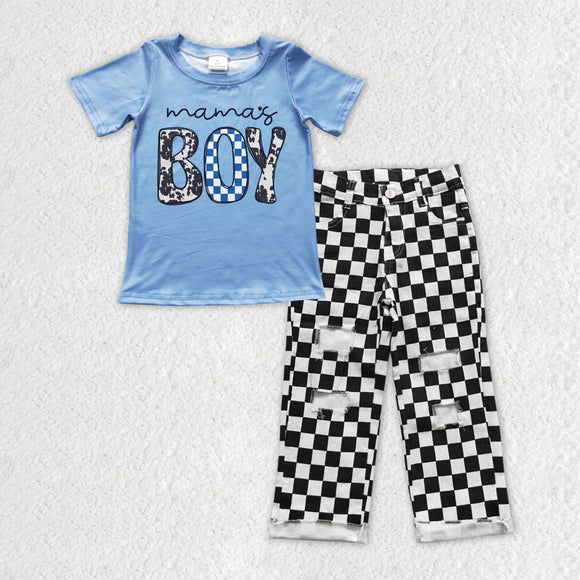 Mama's Boy Blue Black Plaid Jeans Boys Short Sleeve+Trousers Sets