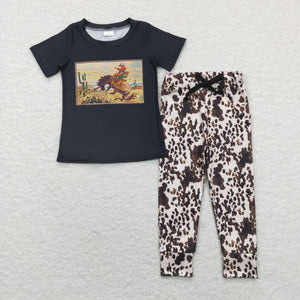 Cowboy Cowhide Black Boys Short Sleeve+Trousers Sets