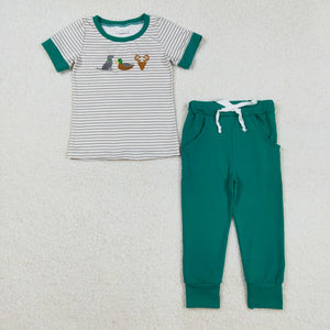 Dog Duck Deer Stripe Green Boys Short Sleeve+Trousers Sets