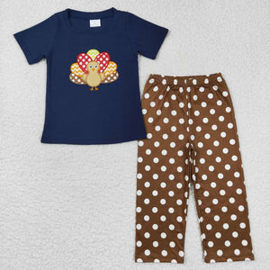 Polka Dots Turkey Navy Boys Thanksgiving Outfits